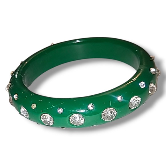 Vintage Green Lucite Bangle Bracelet Rhinestone Studded Acrylic 2.55" - Picture 3 of 4